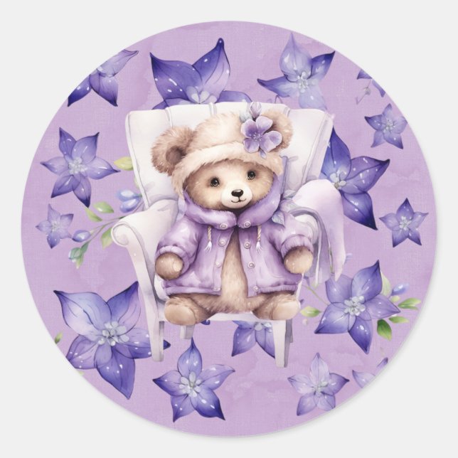 Violet Teddy Bear Chair Stars Girl Baby Shower Classic Round Sticker (Front)