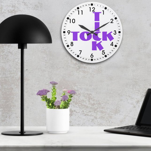Violet Tick Tock Typography Crossword Style Round Clock (acrylic wall clock with cross words tick tock. )