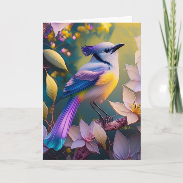 Violet Tufted Yellow Breasted Fantasy Bird Card (Front)