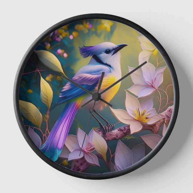 Violet Tufted Yellow Breasted Fantasy Bird Clock (Front)
