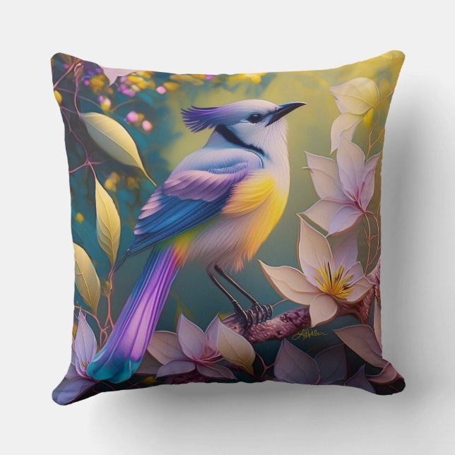 Violet Tufted Yellow Breasted Fantasy Bird Cushion (Back)