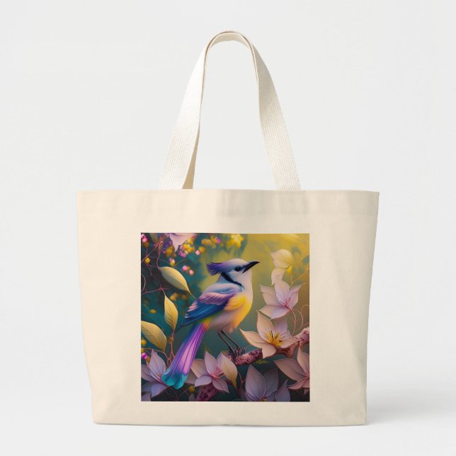 Violet Tufted Yellow Breasted Fantasy Bird Large Tote Bag (Front)