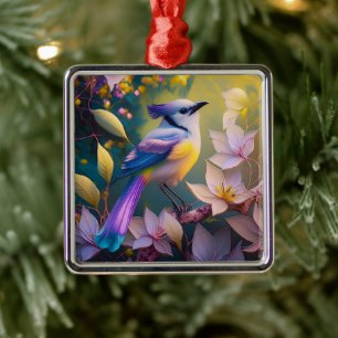Violet Tufted Yellow Breasted Fantasy Bird Metal Tree Decoration