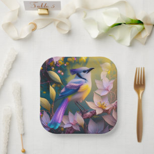Violet Tufted Yellow Breasted Fantasy Bird Paper Plate