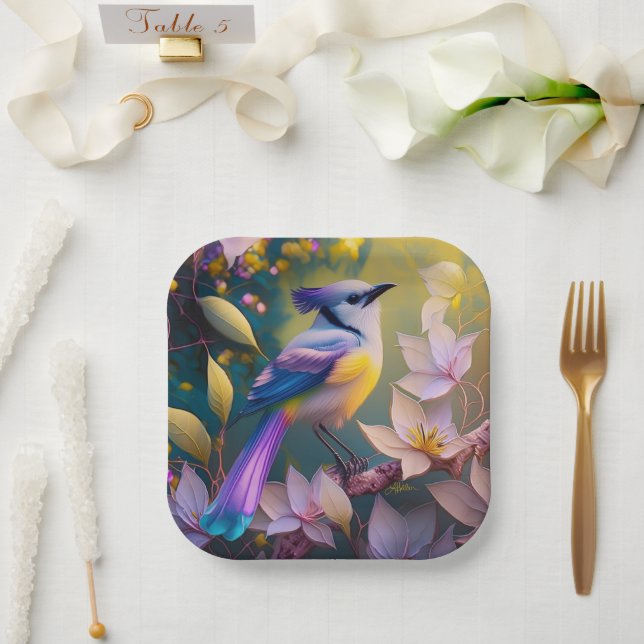 Violet Tufted Yellow Breasted Fantasy Bird Paper Plate (Wedding)