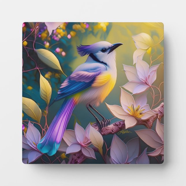 Violet Tufted Yellow Breasted Fantasy Bird Plaque (Front)
