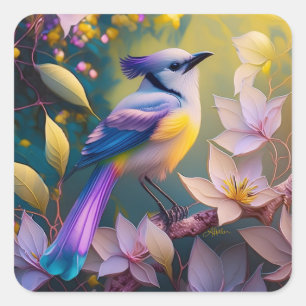 Violet Tufted Yellow Breasted Fantasy Bird Square Sticker