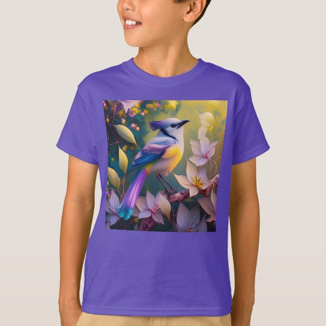 Violet Tufted Yellow Breasted Fantasy Bird T-Shirt (Front)