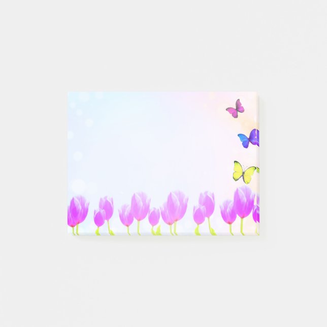 Violet tulip flowers & butterflies post-it notes (Front)