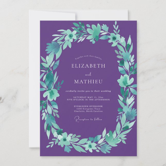 Violet Turquoise Foliage Eucalyptus Wedding Invitation (Front)