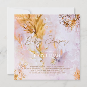 Violet Watercolor Autumn Leaves Baby Shower Invitation