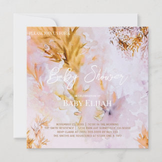 Violet Watercolor Autumn Leaves Baby Shower Invitation