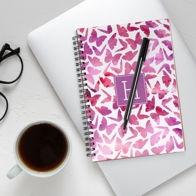 Violet Watercolor Butterflies Monogrammed  Notebook (Creator Uploaded)