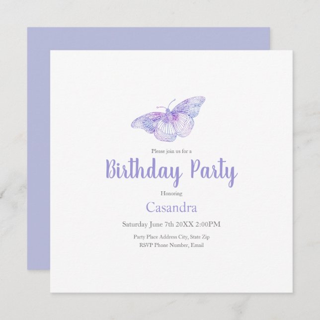 Violet Watercolor Butterfly Invitation (Front/Back)
