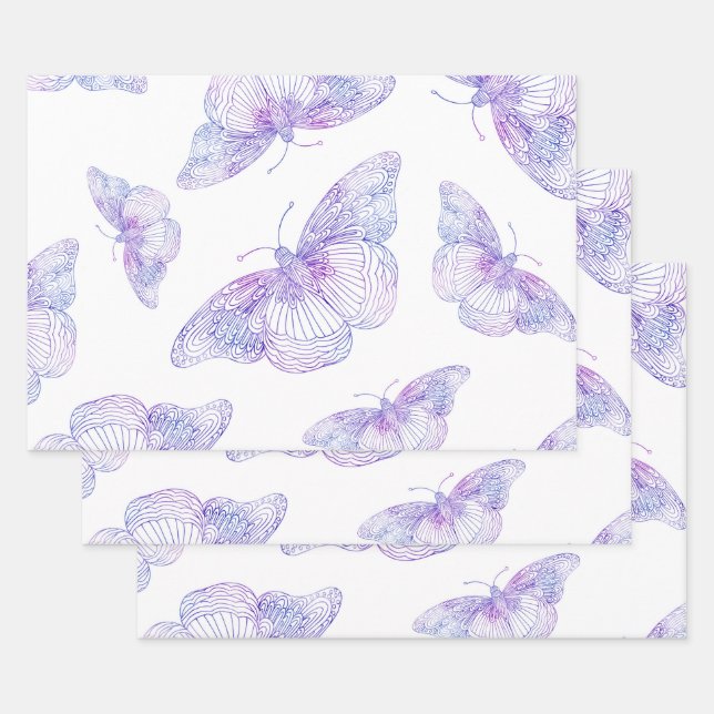 Violet Watercolor Butterfly Pattern Wrapping Paper Sheet (Set)