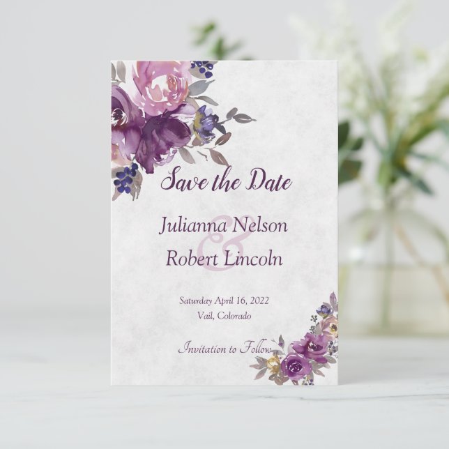 Violet watercolor floral save the date invitation (Standing Front)