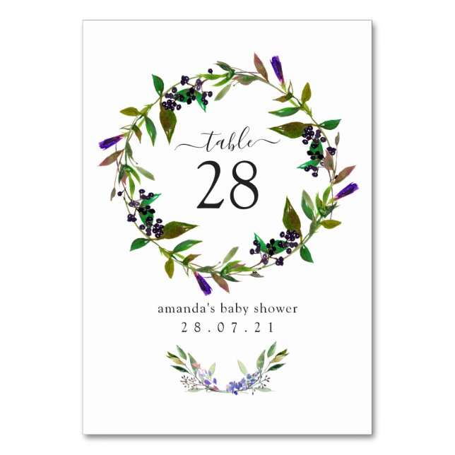 Violet Watercolor Floral Spring Table Number (Front)