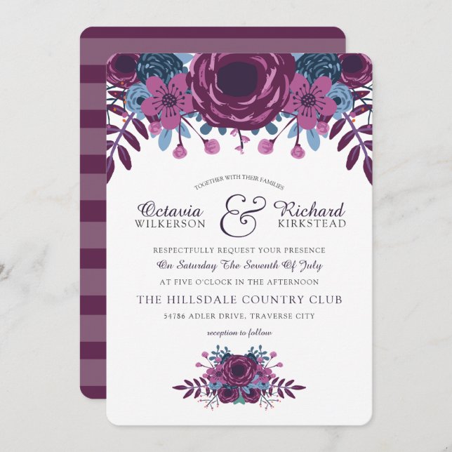 Violet Watercolor Floral Wedding Invitation (Front/Back)