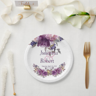 Violet watercolor floral wedding paper plates