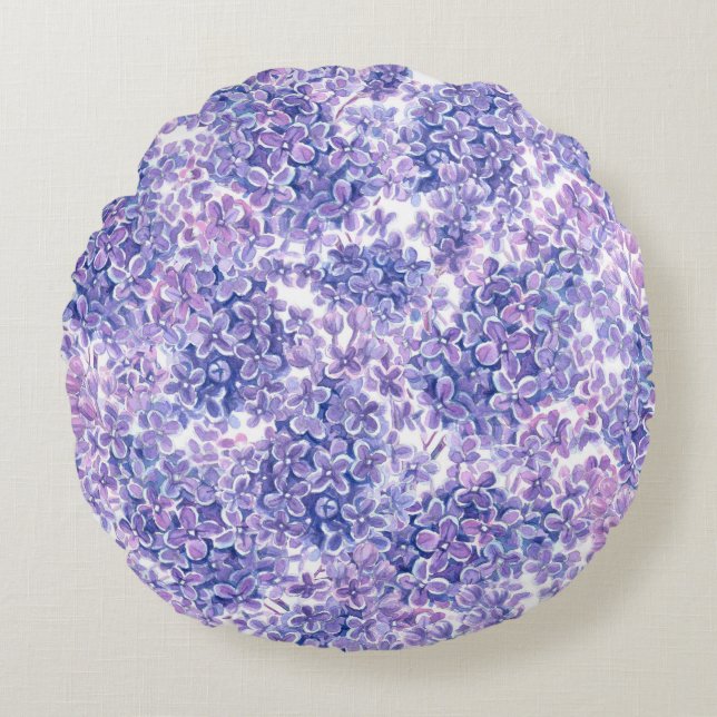Violet watercolor lilac flowers round cushion (Front)