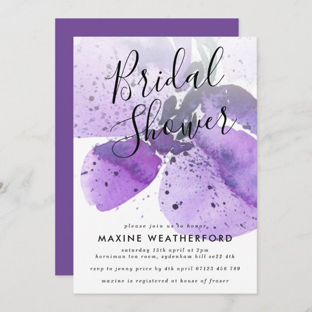 Violet Watercolor Orchid Bridal Shower Invitation (Front/Back)