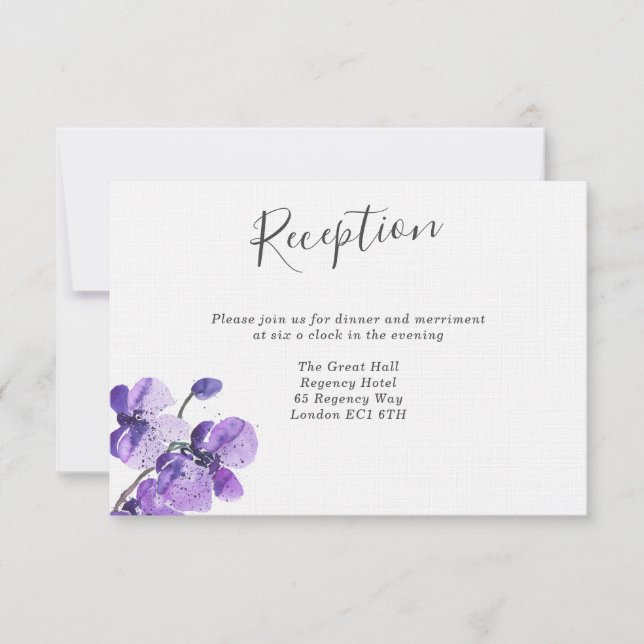 Violet Watercolor Orchids Wedding Reception Invitation (Front)