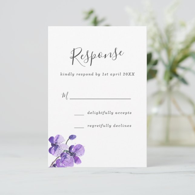 Violet Watercolor Orchids Wedding RSVP Card (Standing Front)