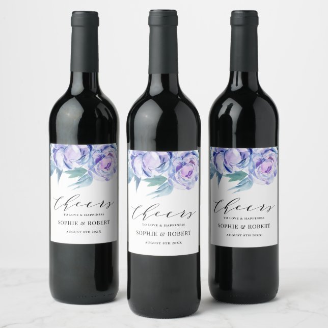 Violet Watercolor Peony Floral Wedding Favour Wine Label (Bottles)