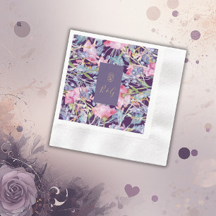 violet watercolor wildflower greenery foliage napkin