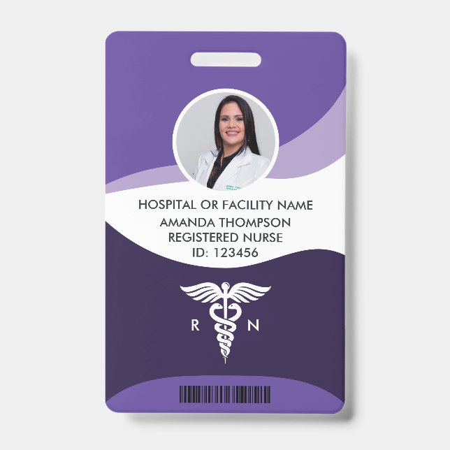 Violet Wave Graphic Registered Nurse Photo ID Badge (Front)