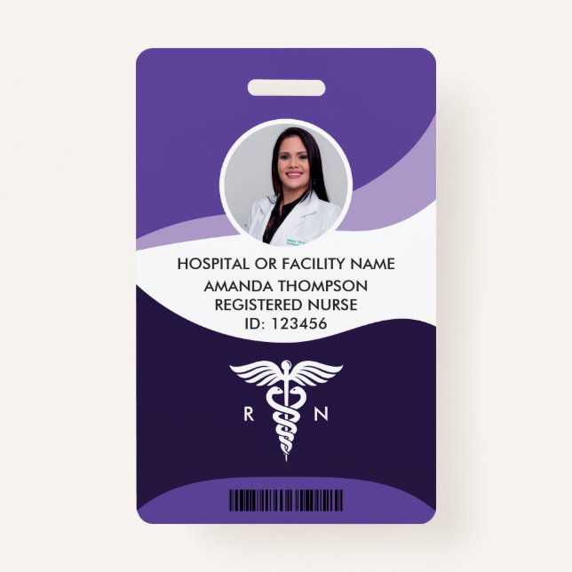 Violet Wave Graphic Registered Nurse Photo ID ID Badge (Front)