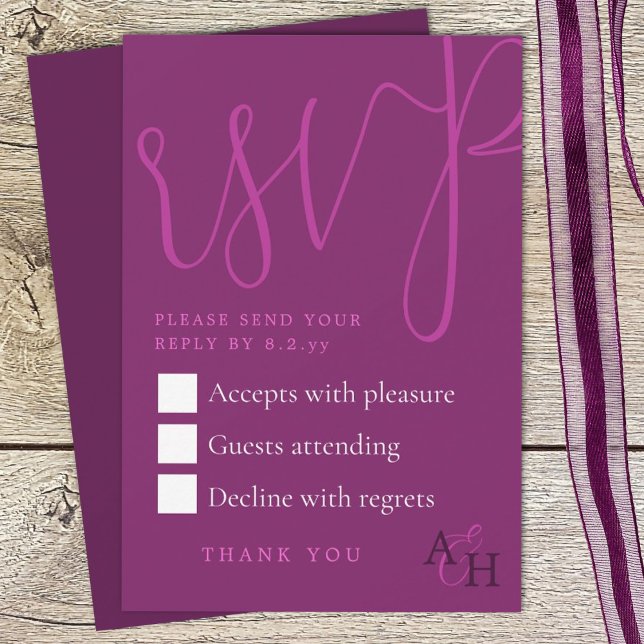 Violet Wedding RSVP Card (tropical wild berry pink rsvp enclosure card with elegant script calligraphy, return response card)