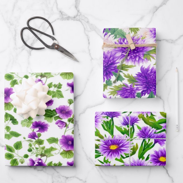 Violet Whispers, Purple Floral  Wrapping Paper Sheet (Front)