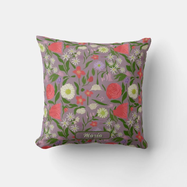 Violet White And Pink Flowers Cushion (Front)