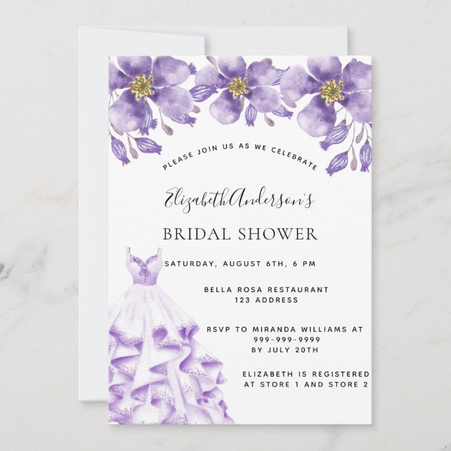 Violet white dress floral elegant Bridal Shower Invitation (Front)