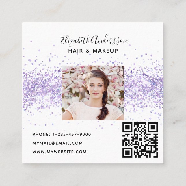 Violet white profile photo qr code square business card (Back)