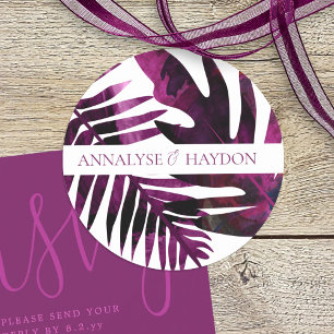 Violet, Wild Berry Pink Tropical Leaves Wedding Classic Round Sticker