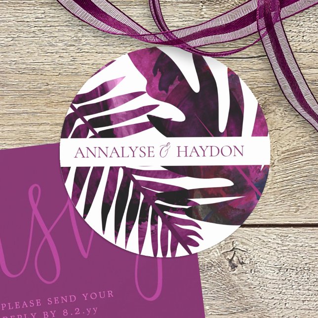 Violet, Wild Berry Pink Tropical Leaves Wedding Classic Round Sticker (tropical wild berry pink, wine pink island palm leaves, monstera, ferns beach wedding sticker)
