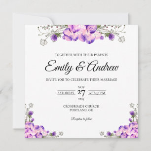 Violet Wildflower Floral Watercolor Square Wedding Invitation
