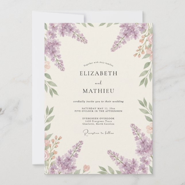 Violet Wisteria Sprig Wedding Invitation (Front)