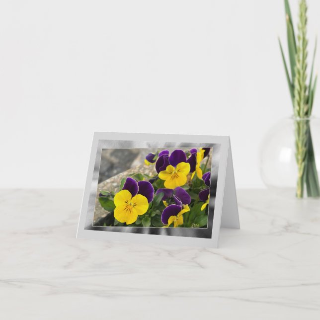 Violet yellow pansies holiday card (Front)