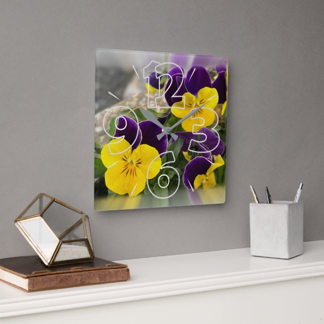 Violet yellow pansies square wall clock (Office)