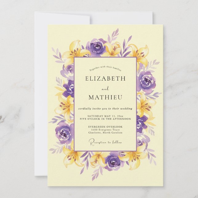 Violet Yellow Wreath Wedding Invitation (Front)