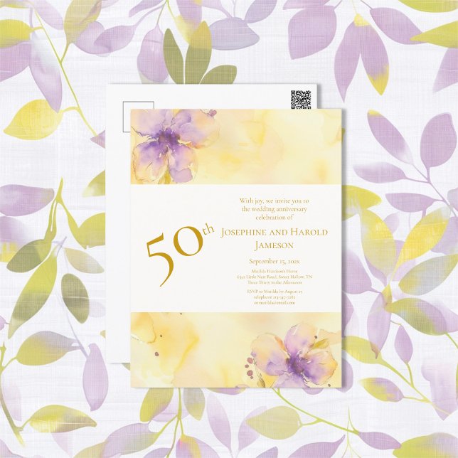 Violets Gold 50th Wedding Anniversary Invitation Postcard (Violets Gold 50th Wedding Anniversary Invitation Postcard)