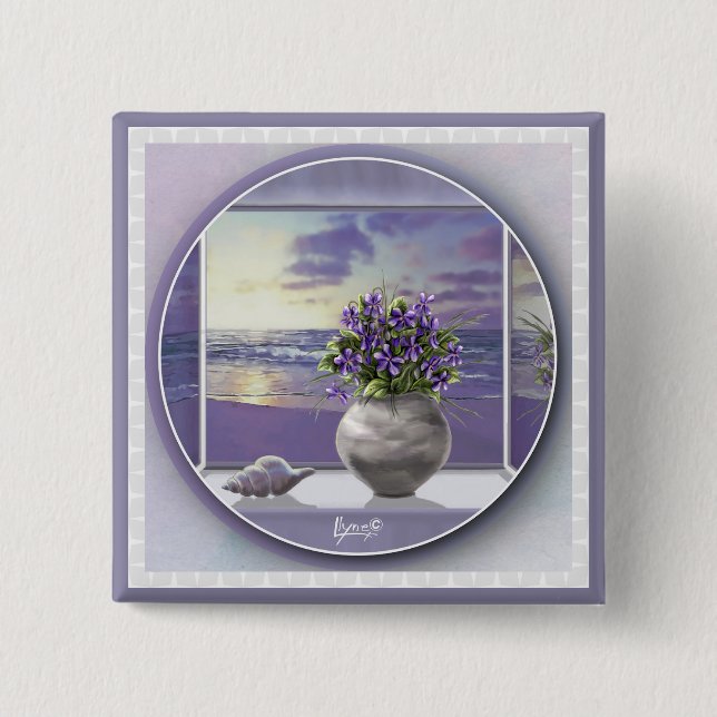 violets in a moon jar 15 cm square badge (Front)