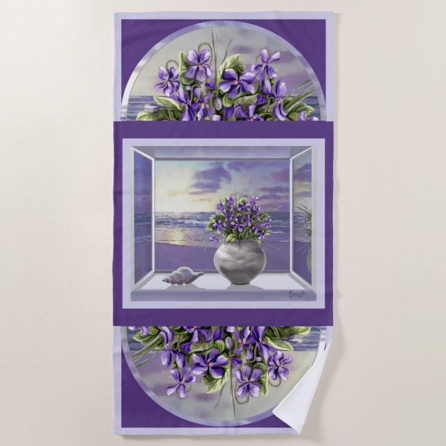 violets in a moon jar beach towel (Front)