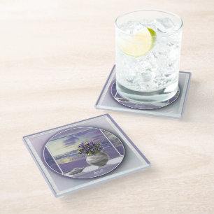 violets in a moon jar glass coaster