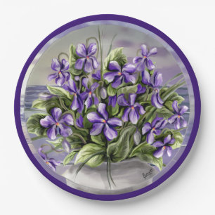 violets in a moon jar paper plate
