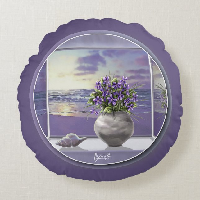 violets in a moon jar round cushion (Front)