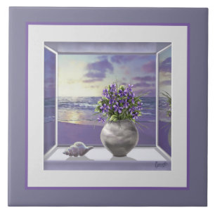 violets in a moon jar tile